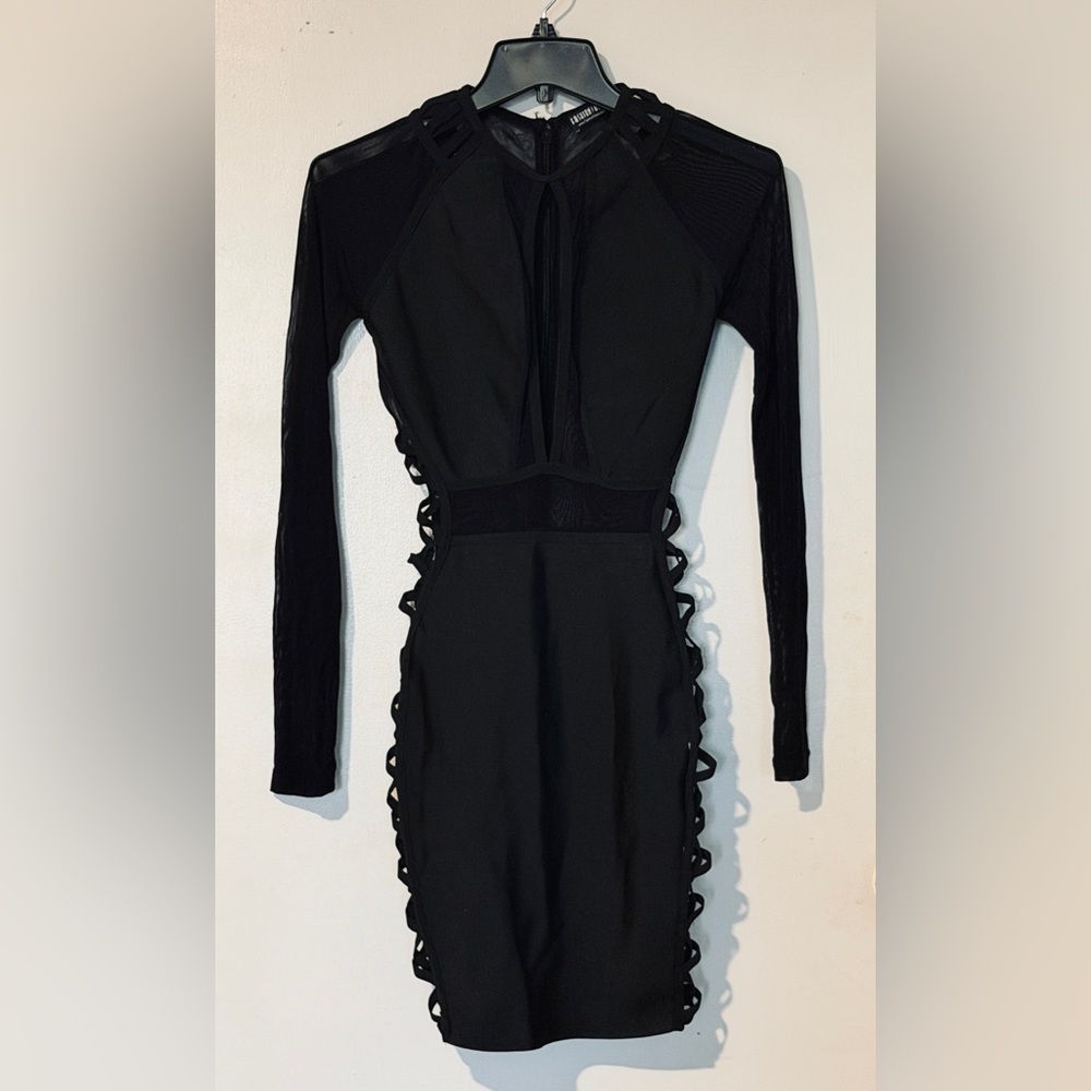 Fashion Nova Black Mesh-Panel Cutout Bodycon Bandage Dress